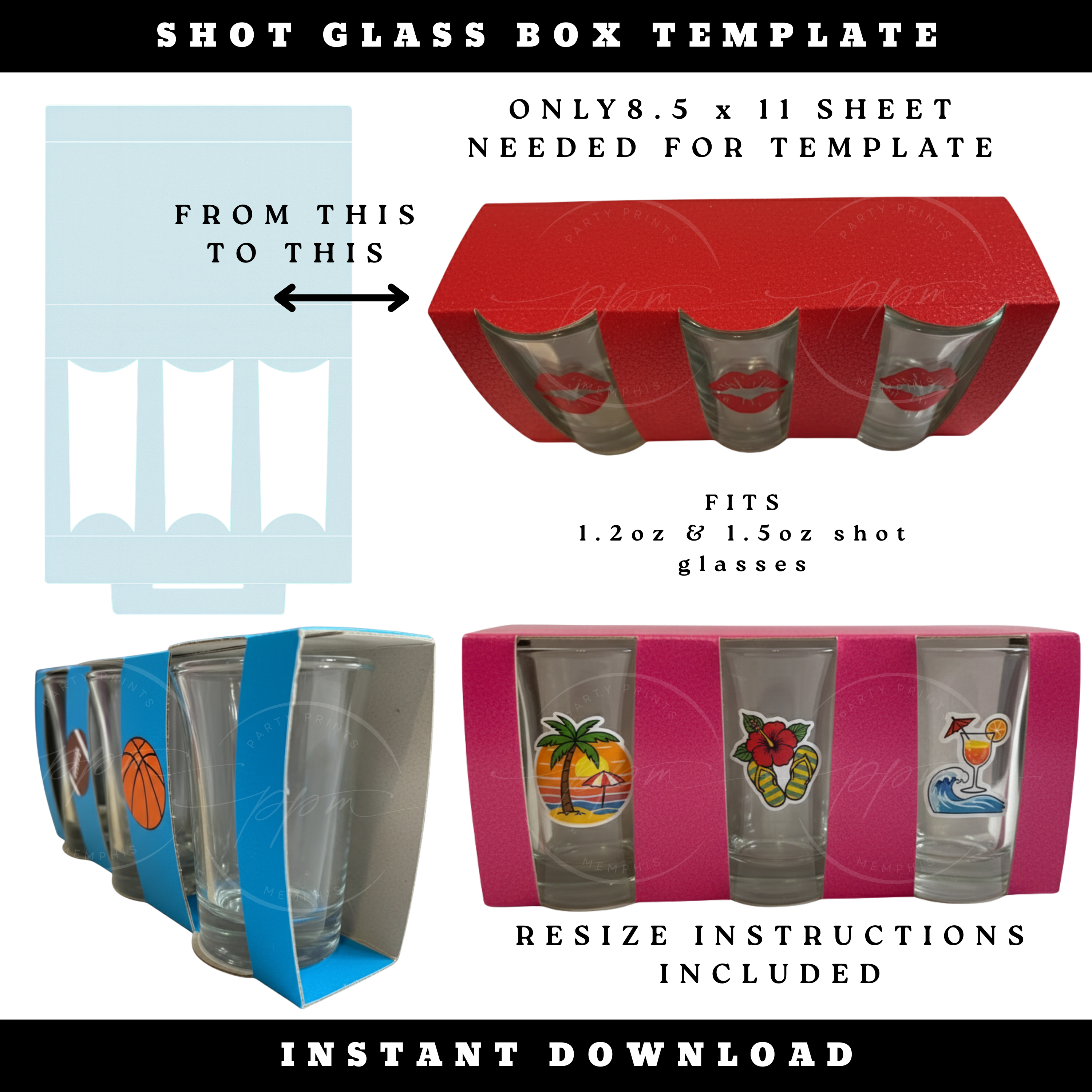 Colorful shot glass gift boxes and printable box template