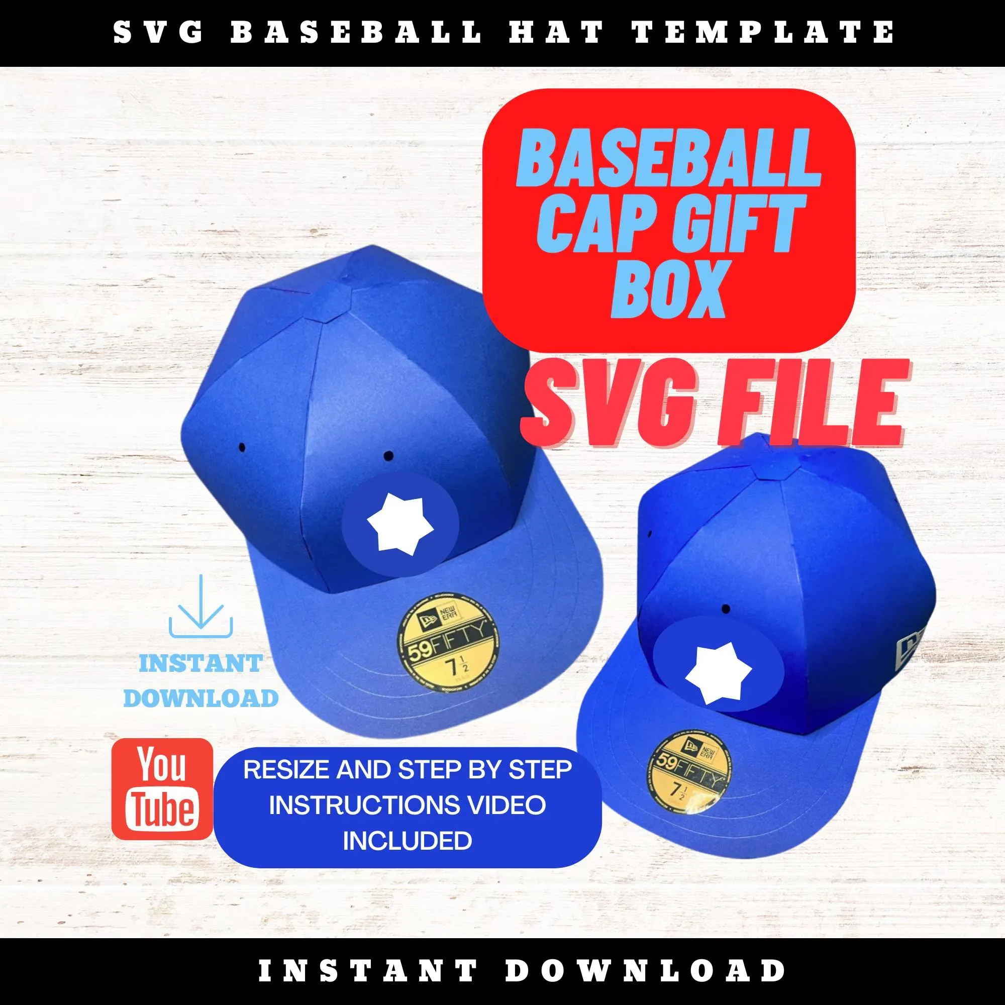 Blue baseball cap gift boxes made with the Party Prints Memphis SVG template