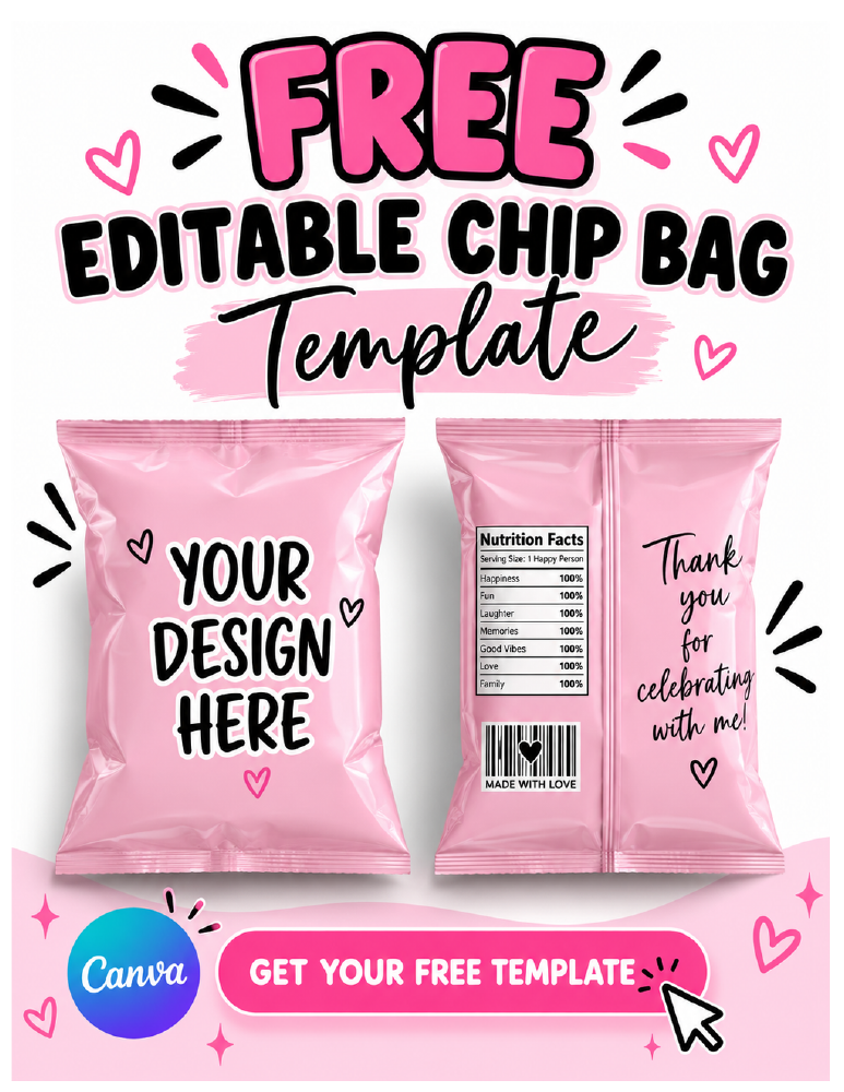 Free editable chip bag template with pink party favor bags and a Canva template button