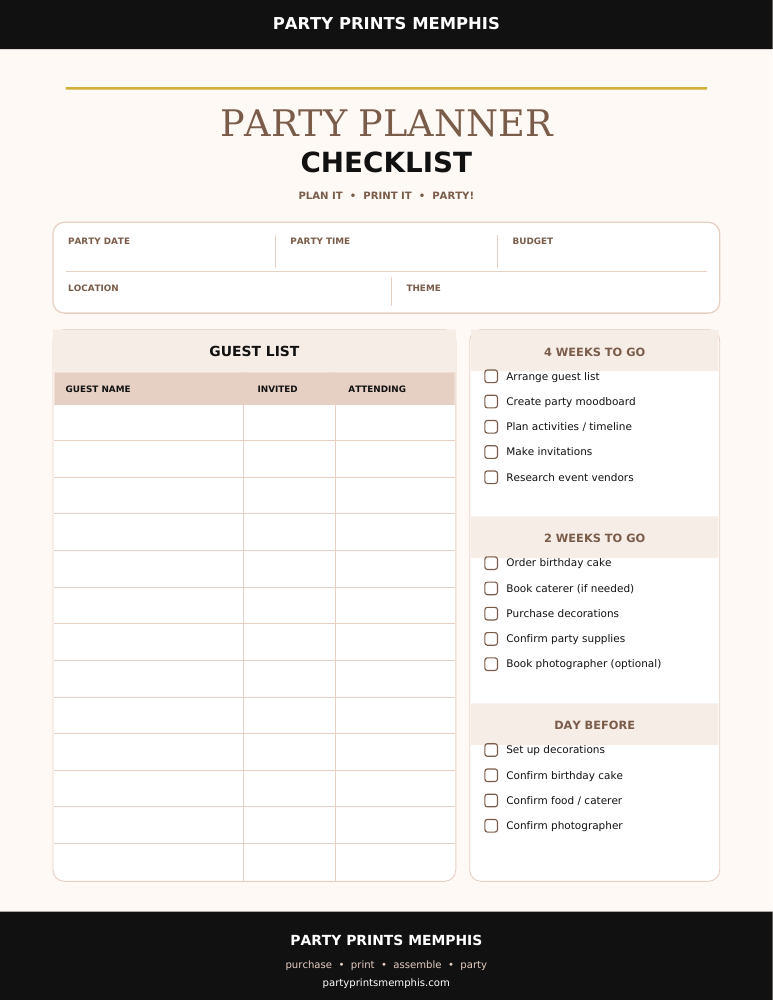 Party Prints Memphis party planner with guest list, budget, event details, and planning checklist